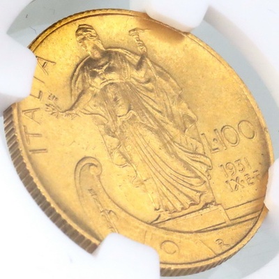イタリア 1931年R 100リレ金貨 ヴィットリオ・エマヌエーレ3世　体制9周年　NGC MS63