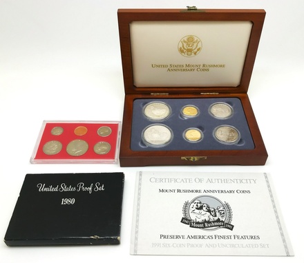 アメリカ　1991年　5ドル金貨*2　1ドル銀貨など6枚セット　Mount Rushmore anniversary