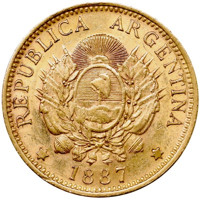 アルゼンチン 1887年 ５ペソ金貨 リバティ フリギア帽 VF+極美品