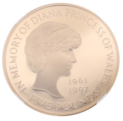イギリス 1999年 銘 エリザベス ５ポンド プルーフ 金貨 ダイアナメモリアル  NGC PC69UCAM BOX COA