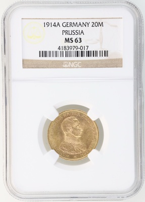 ドイツ プロイセン 1914年 20マルク 金貨　ヴィルヘルム2世　NGC MS63