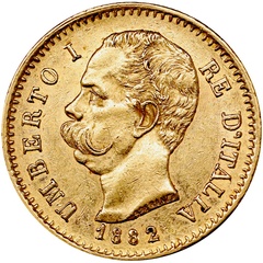 イタリア 1882年R ２０リレ金貨 ウンベルト１世　EF極美品