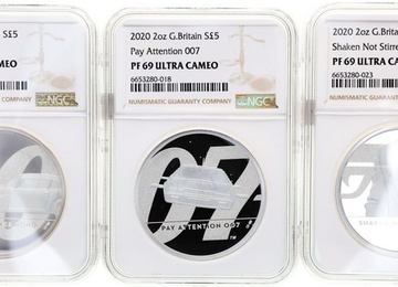 イギリス 2020年 007シリーズ 2オンスピエフォー 5ポンドプルーフ純銀貨ライン 3枚コンプリートセット NGC PF69UCAM