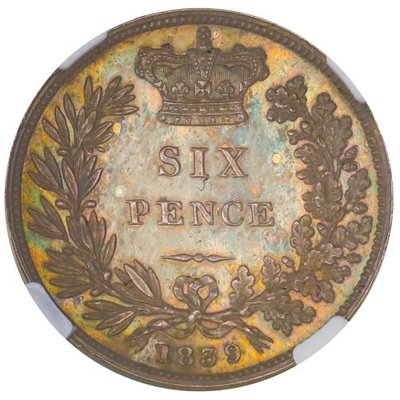 イギリス 1839年 プルーフ６ペンス銀貨 ヴィクトリアヤング トーン UNC NGC PF64 6653288-004