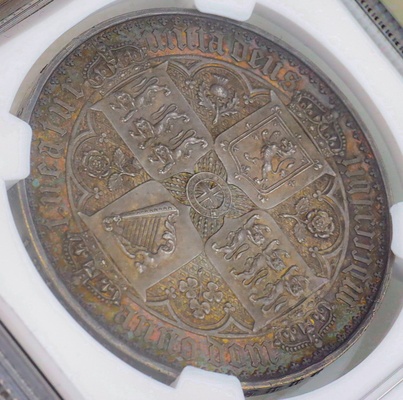 イギリス1847年 ビクトリア ゴシック クラウン 銀貨 アンデシモ Undecimo on edge NGC PF63