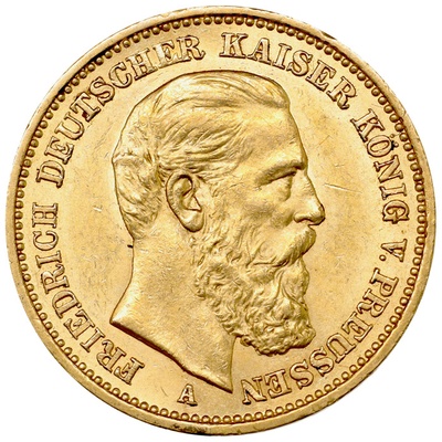 ドイツ・プロイセン 1888年A 20マルク金貨 フリードリヒ３世 EF極美品