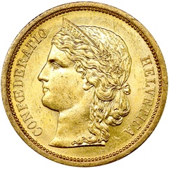 スイス 1883年B 20フラン金貨 ベルンミント ヘルヴェティア AU/UNC未使用