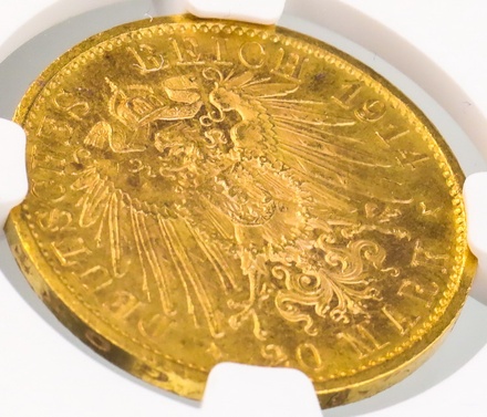 ドイツ プロイセン 1914年 20マルク 金貨　ヴィルヘルム2世　NGC MS63