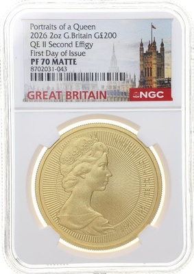 イギリス　2026年　2オンス　200ポンド　マットプルーフ純金貨　エリザベス2世生誕100周年記念　第二肖像　NGC PF70MATTE