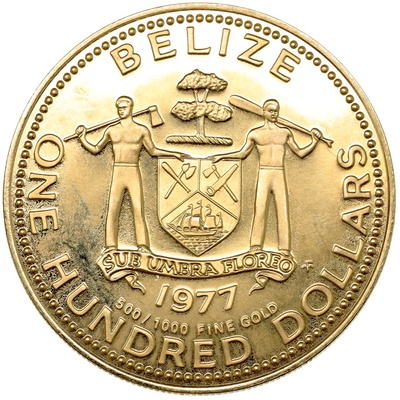 ベリーズ(イギリス)1977年 100ドル金貨 プルーフ マヤ文明太陽神　FDC完全未使用