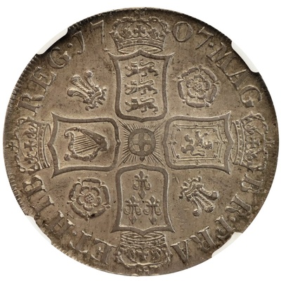 イギリス 1707年 クラウン 銀貨 アン女王　NGC AU55　ポスト・ユニオン Sexto on Edge