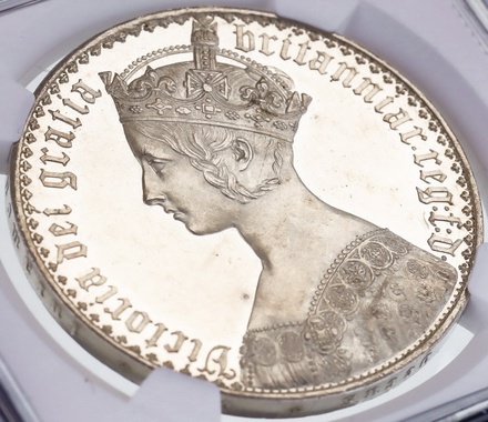 イギリス 1847年 ビクトリア ゴシック クラウン 銀貨 Undecimo on edge　NGC PF62Cameo