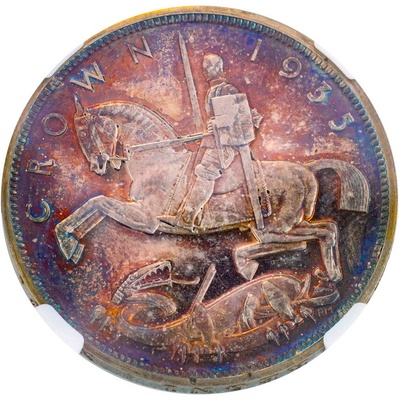 イギリス　1935年銘 プルーフ クラウン銀貨 陽刻エッジ ジョージ5世 NGC PF64 トーン
