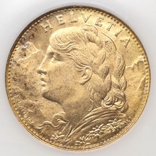 スイス 1922年B 10フラン金貨 アルプスと少女 ブレネリ ヘルベティア　NGC MS65 1760514-058