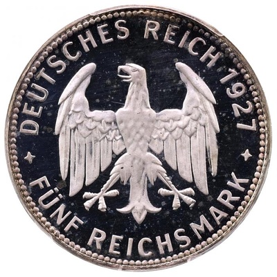 ドイツ 1927年F 5ライヒマルクプルーフ銀貨 テュービンゲン大学450周年記念　ワイマール銀貨シリーズ　PCGS PR63+DCAM