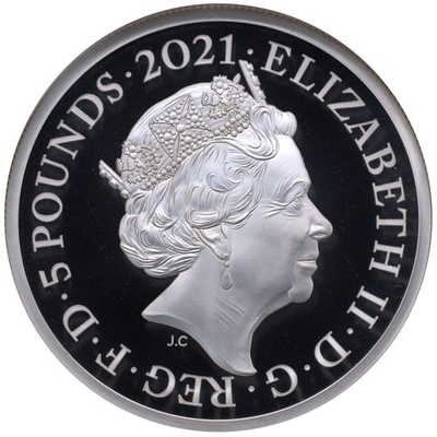 イギリス 2021年 エリザベス 5ポンド 2oz プルーフ ピエフォー 純 銀貨 The Great Engravers 第4弾「ゴシック クラウン」ゴチック 復刻裏面　NGC PF69UCAM COA BOX