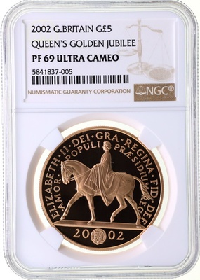 イギリス 2002年 5ポンドプルーフ金貨 エリザベス2世即位50年ゴールデンジュビリー 「馬上の女王」 NGC PF69UCAM