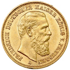 ドイツ・プロイセン 1888年A 20マルク金貨 フリードリヒ３世 EF極美品