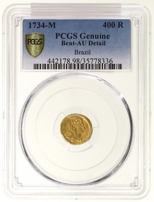 ブラジル 1734M 400レイス金貨　ジョアン5世　PCGS Genuine AU鑑定