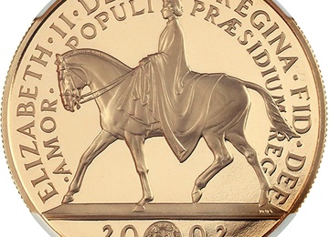 イギリス 2002年 5ポンドプルーフ金貨エリザベス2世即位50年 「馬上の女王」 NGC PF70UCAM