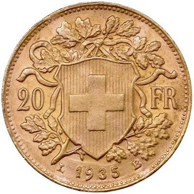 スイス 1935年L-B アルプスと少女 ブレネリ ヘルベティア 20フラン金貨 UNC未使用