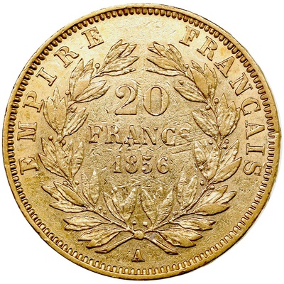 フランス帝国 1856年A  20フラン金貨　ナポレオン3世 無冠　パリミント