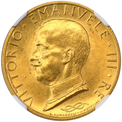 イタリア 1931年R 100リレ金貨 ヴィットリオ・エマヌエーレ3世　体制9周年　NGC MS63