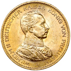 ドイツ・プロイセン 1914年A ２０マルク金貨 ウィルヘルム２世 AU/UNC未使用