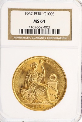 ペルー 1962年 100ソル 大型金貨 限定発行 9678枚 NGC MS64 3162662-003