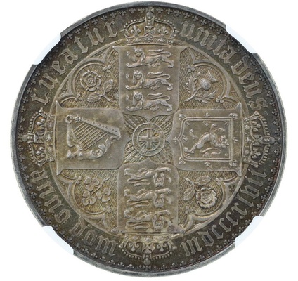 イギリス1847年 ビクトリア ゴシック クラウン 銀貨 アンデシモ Undecimo on edge NGC PF63