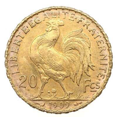 フランス　1909年　20フラン金貨　聖マリアンヌ　EF-~EF