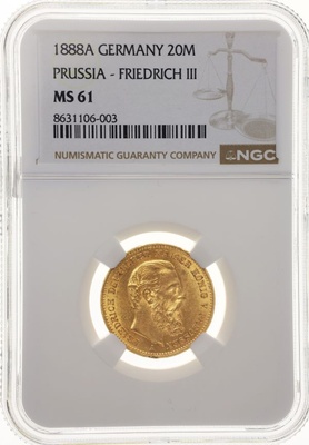 ドイツ・プロイセン 1888年A 20マルク金貨 フリードリヒ３世 NGC MS61