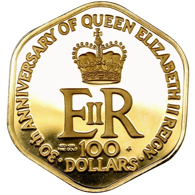 イギリス・バージン諸島 1982年 100ドル金貨 プルーフ 39500 エリザベス2世 ヤングバスト 女王即位 30周年記念 FDC完全未使用