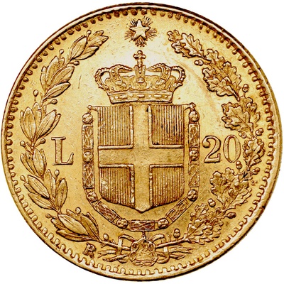 イタリア 1882年R ２０リレ金貨 ウンベルト１世　EF極美品