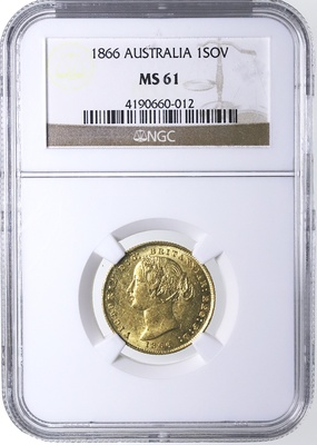 イギリス領 オーストラリア 1866年銘 ソブリン金貨 シドニーミント ビクトリア ヤングヘッド NGC MS61