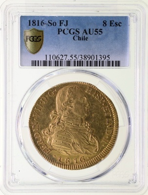 スペイン領 チリ　1816年So-FJ　サンティアゴ　フェルナンド7世　カルロス4世　8エスクード金貨　PCGS　AU55