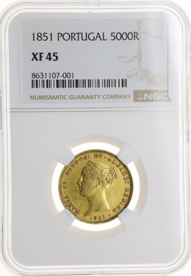 ポルトガル 1851年 5000レイス金貨 マリア２世 NGC XF45