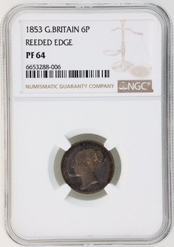 イギリス1853年銘　プルーフ 6ペンス 銀貨　ヴィクトリア ビクトリア　ヤング バスト　トーン　ESC R2指定レア　NGC PF64