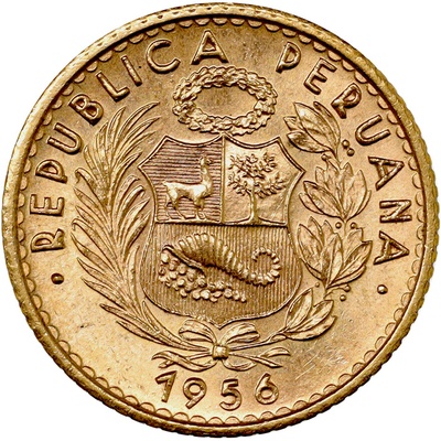 ペルー 1956年 10ソル 金貨　BU完全未使用