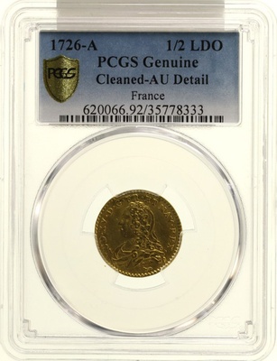 フランス　1726年A　1/2ルイドール金貨　ルイ15世　PCGS Auｄ