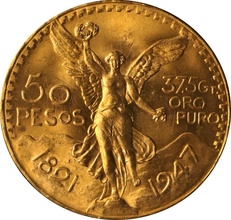メキシコ 1947年 50ペソ金貨 UNC-～UNC