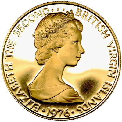 イギリス.バージン諸島 1976年 100ドル金貨 プルーフ エリザベス2世 ヤングバスト 女王50歳記念 FDC完全未使用