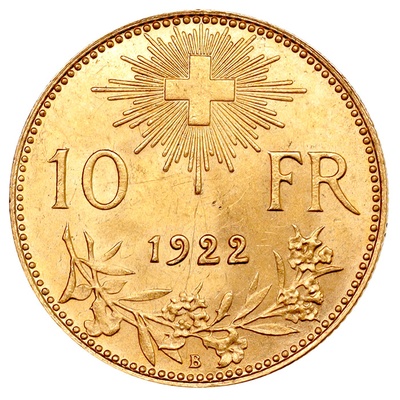 スイス 1922年 10フラン金貨 ブレネリ UNC-