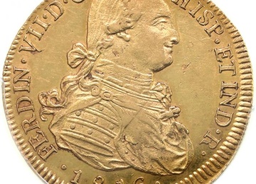 スペイン領 チリ 1816年So-FJ サンティアゴ フェルナンド7世 カルロス4世 8エスクード金貨 PCGS AU55