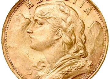 スイス 1935年L-B アルプスと少女 ブレネリ ヘルベティア 20フラン金貨 UNC未使用