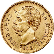 イタリア 1882年R ２０リレ金貨 ウンベルト１世　EF極美品