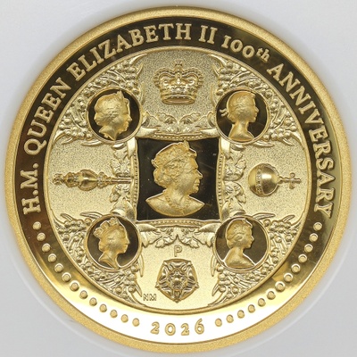 オーストラリア　2026年　2オンス純金貨200ドル　エリザベス2世生誕100周年記念　ピエフォーNGC PF70ULTRA CAMEOFisrt Day of Issue