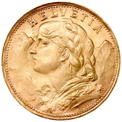 スイス 1935年L-B アルプスと少女 ブレネリ ヘルベティア 20フラン金貨 UNC未使用