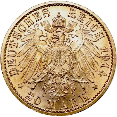 ドイツ・プロイセン 1914年A ２０マルク金貨 ウィルヘルム２世 AU/UNC未使用