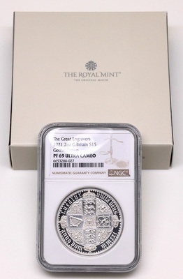 イギリス 2021年 エリザベス 5ポンド 2oz プルーフ ピエフォー 純 銀貨 The Great Engravers 第4弾「ゴシック クラウン」ゴチック 復刻裏面　NGC PF69UCAM COA BOX